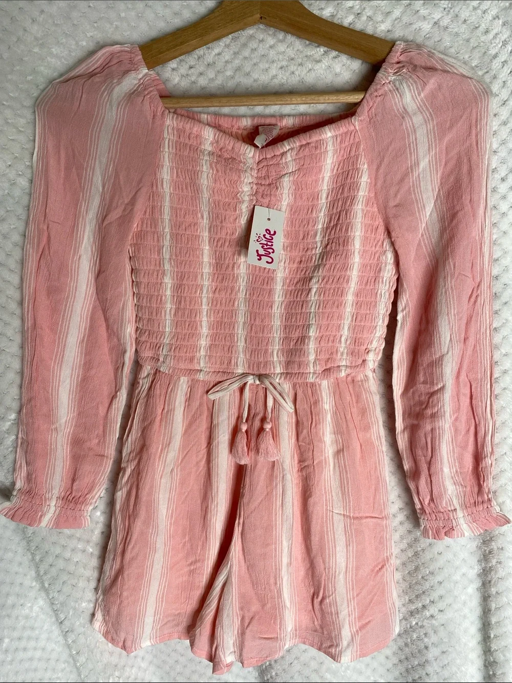 Justice Girls Pink & White Striped Smocked One-Piece Shorts Romper